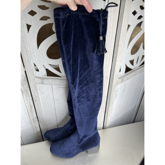 STEVE MADDEN Navy Blue Velvet Over The Knee Boots Block Heel Size 6 - Picture 1 of 6